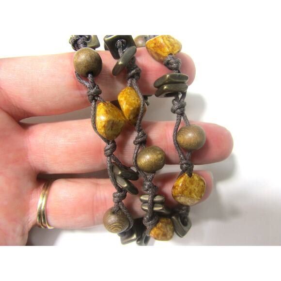 Brass Brown Marble Yellow 3 Tier Bracelet 5 1/2" Boho Whimsigoth Cottagecore - Picture 2 of 4